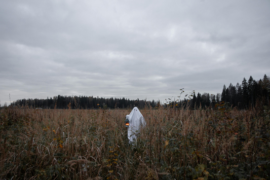 Ghost holding lantern in a field