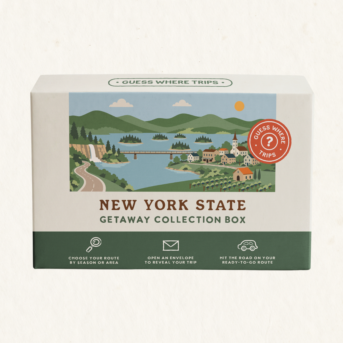 New York State Getaway Box by Guess Where Trips, illustrated with lakes, a waterfall, rolling hills and a small lakeside town.