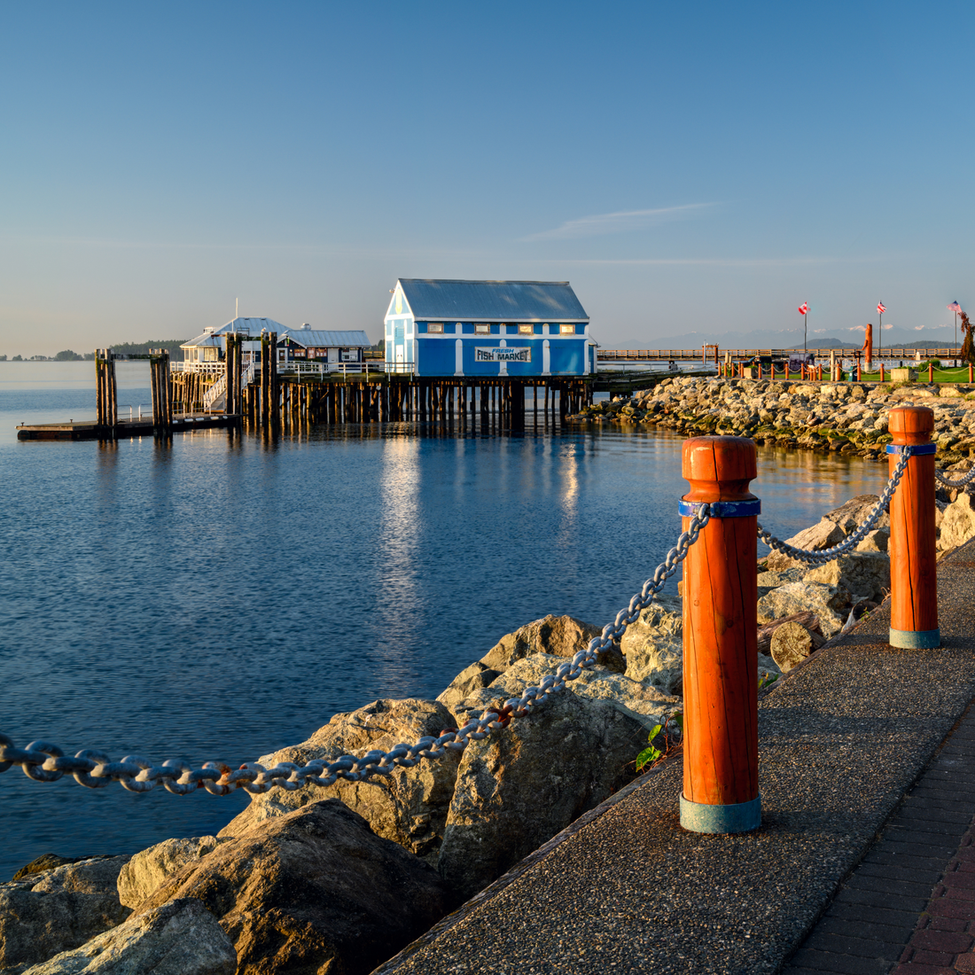 Blue skies overlooking a Vancouver Island pier with a blue building in the distance.