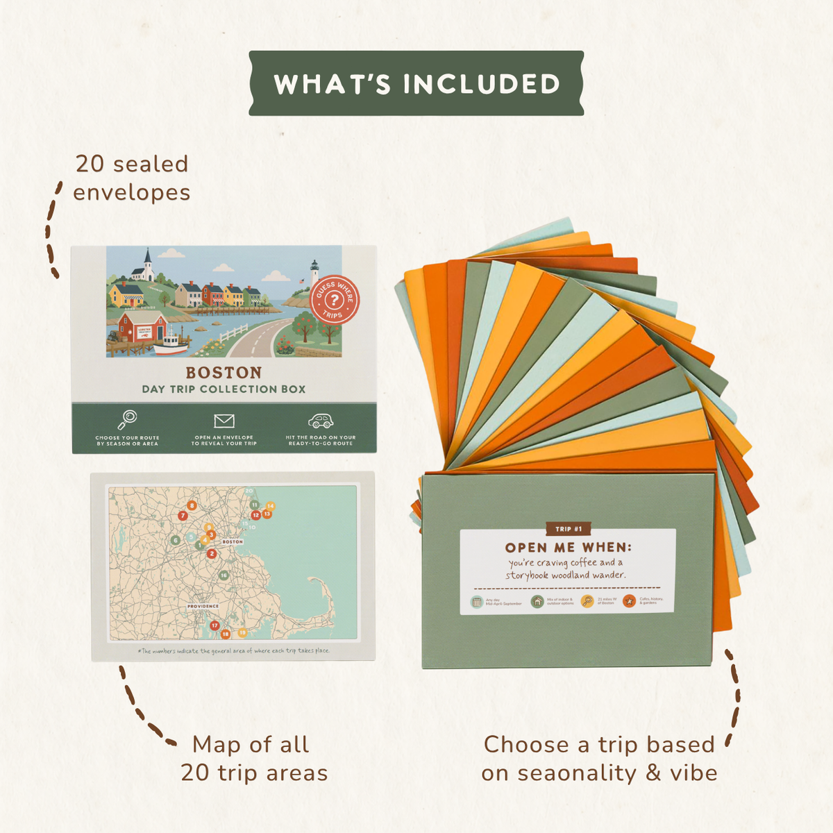 What's included in the Boston Day Trip Box: 20 sealed trip envelopes and a map of all 20 trip areas.