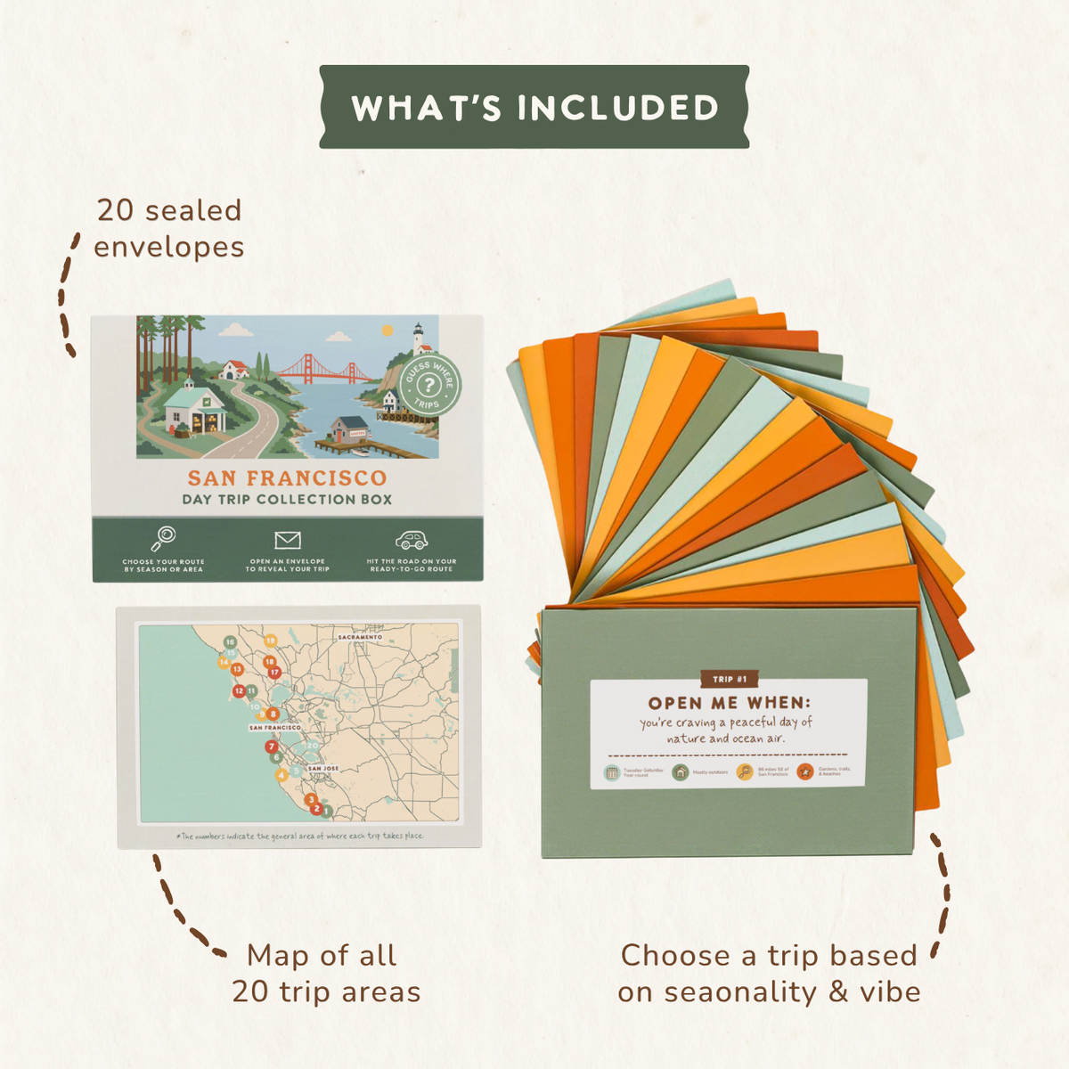 What's included in the Bay Area Day Trip Box: 20 sealed trip envelopes and a map of all 20 trip areas.