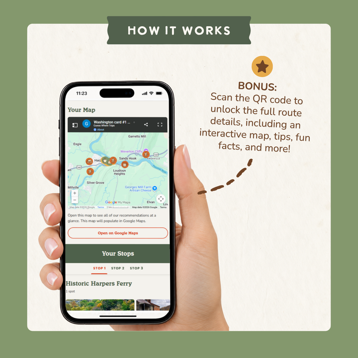 Bonus: scan the QR code to open an interactive trip map on your phone with route details, tips and fun facts.