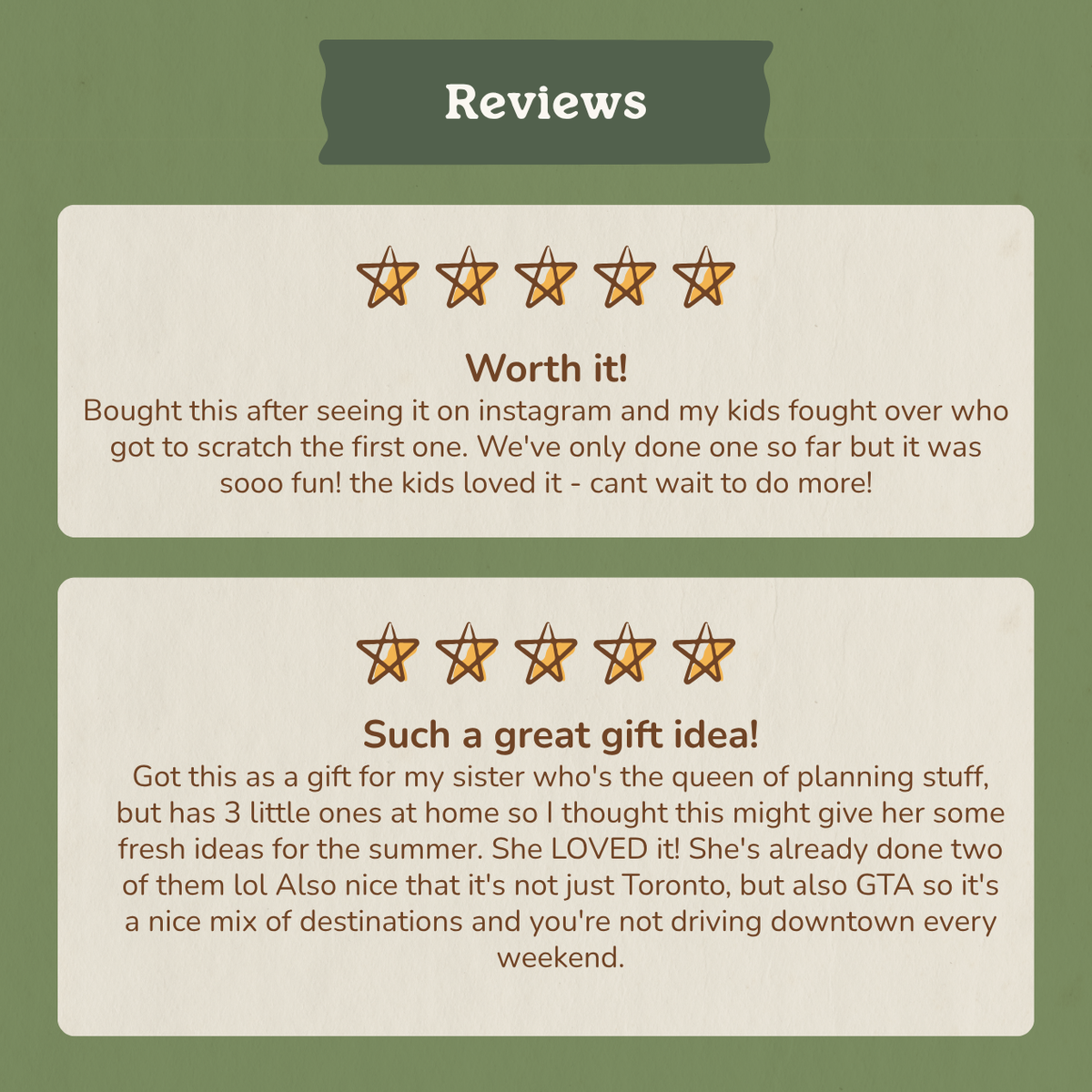 Two 5-star reviews: "Worth it!" and "Such a great gift idea!"