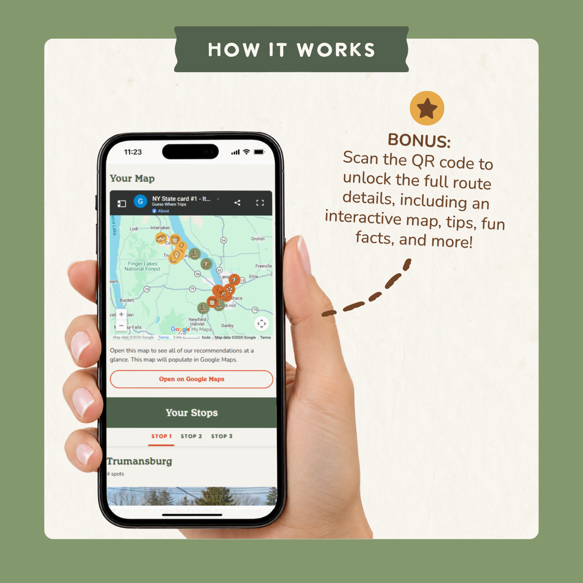 Bonus: scan the QR code to open an interactive trip map on your phone with route details, tips and fun facts.