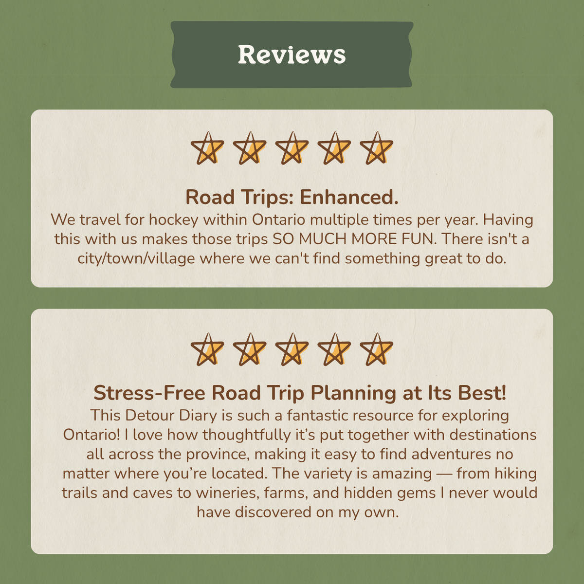 A digital graphic with a sage green background and a dark green banner reading 'Reviews' at the top. Below, two cream-colored review cards with rounded corners display customer testimonials with five-star ratings.