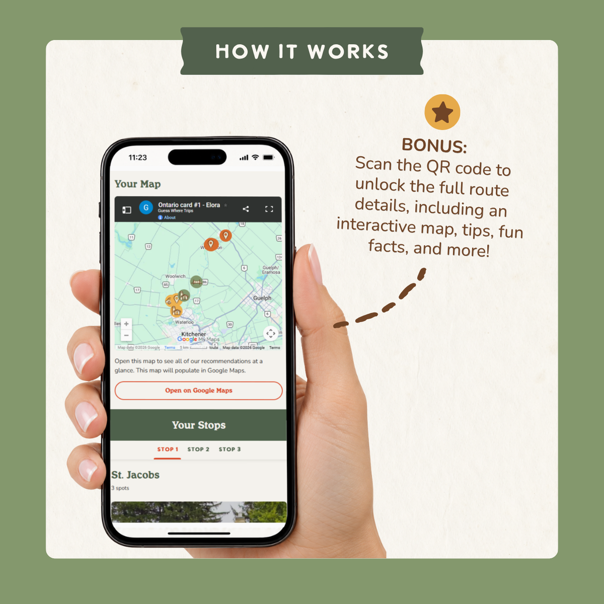 Bonus: scan the QR code to open an interactive trip map on your phone with route details, tips and fun facts.