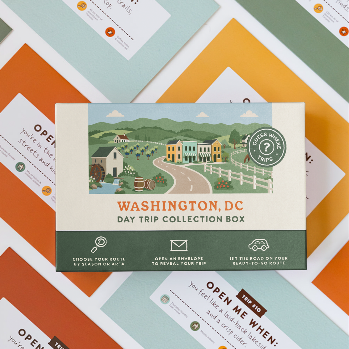 Washington DC Day Trip Box resting on a spread of colourful sealed trip envelopes.