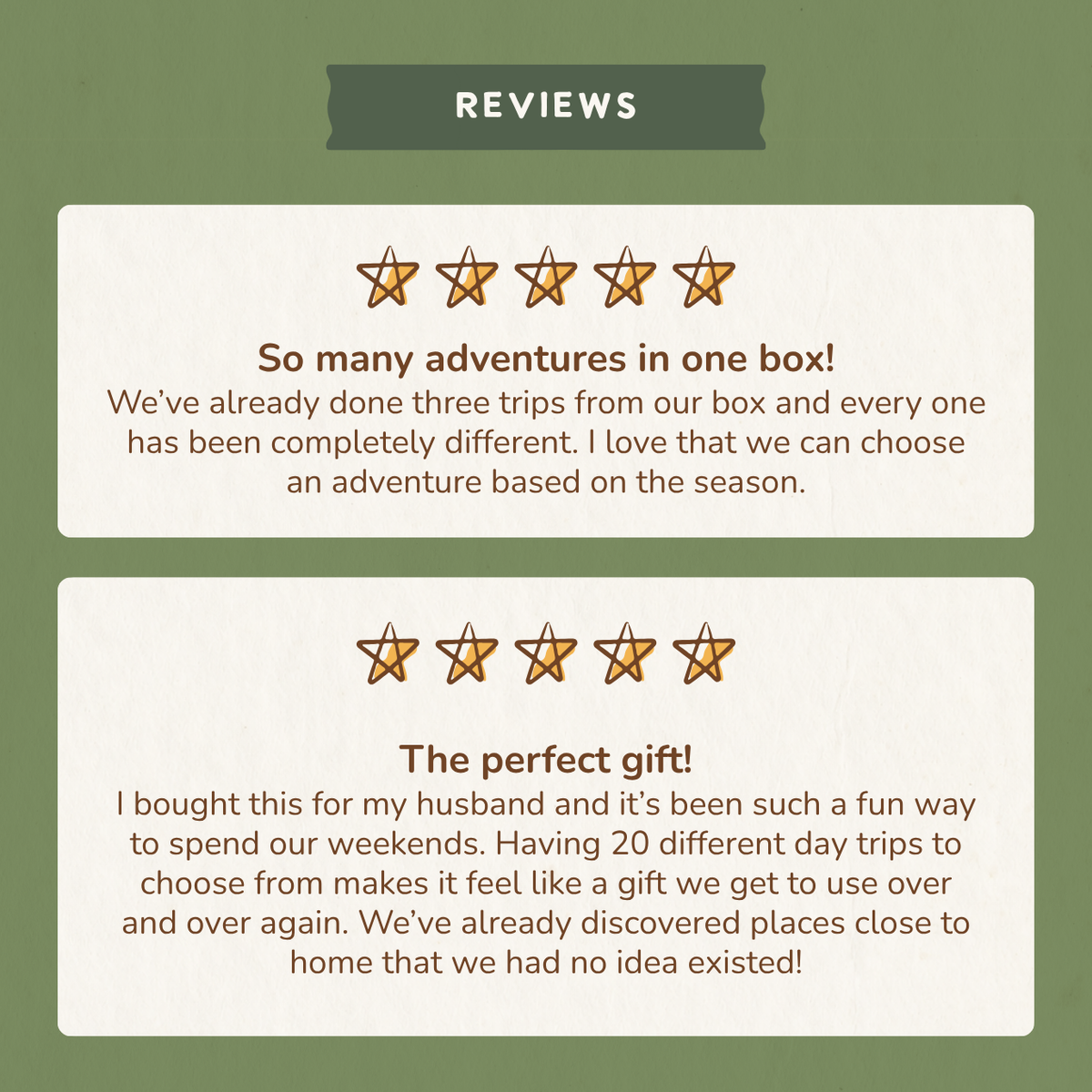 Two 5-star customer reviews: "So many adventures in one box!" and "The perfect gift!"