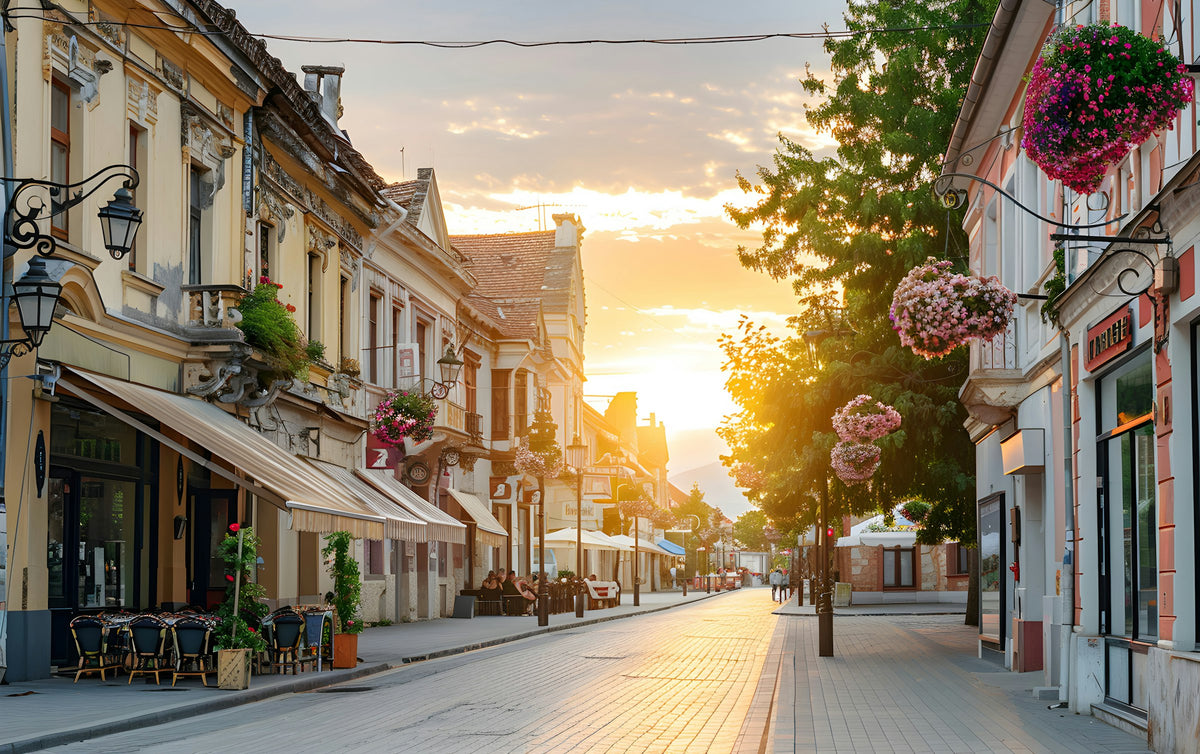 A quaint downtown street at sunset.
