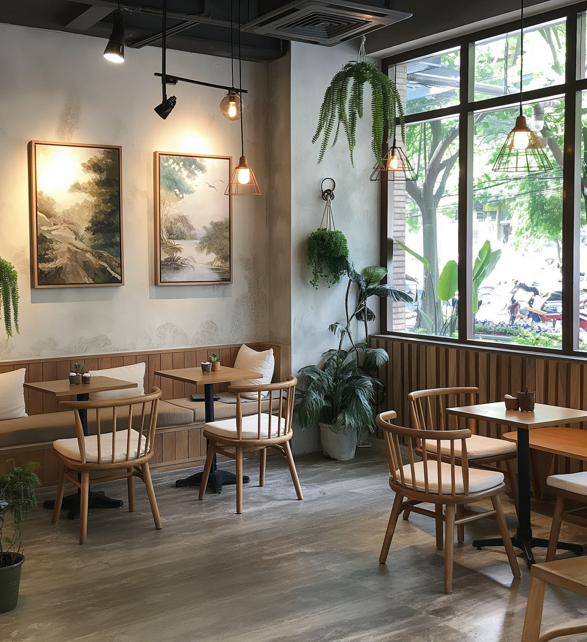 A bright café with large windows and wooden tables.