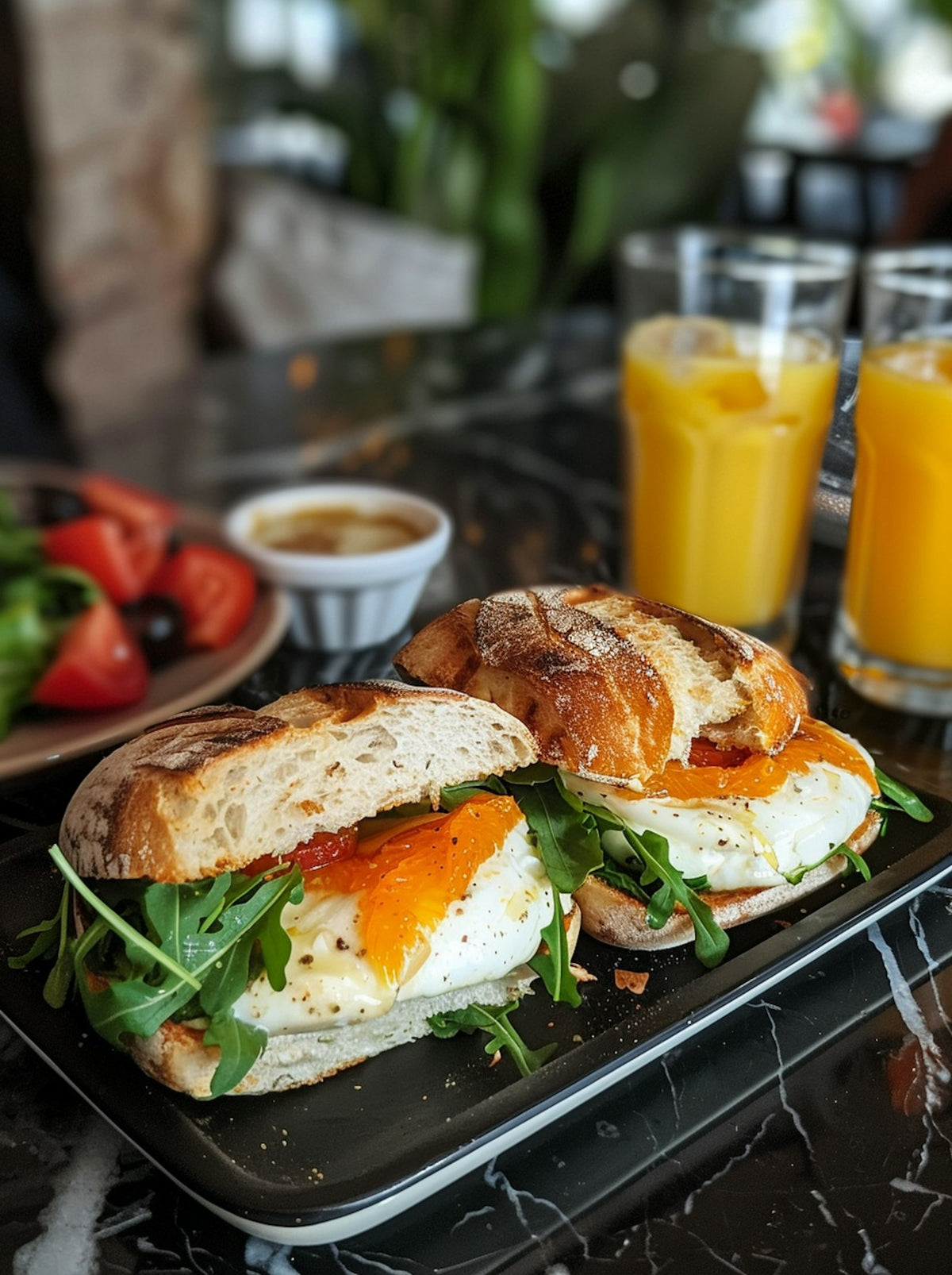 Bagel sandwiches with smoked salmon and orange juice.