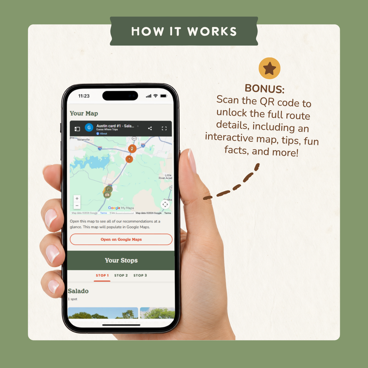 Bonus: scan the QR code to open an interactive trip map on your phone with route details, tips and fun facts.