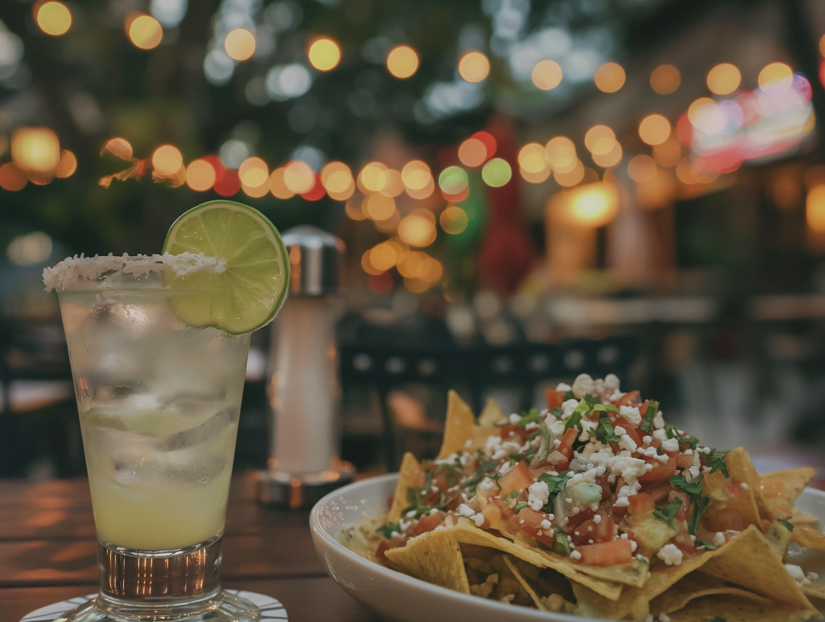 A margarita and nachos on a patio with string lights.