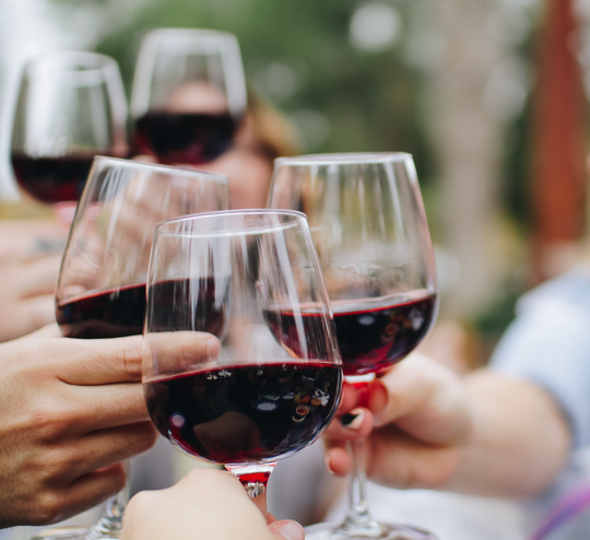 People clinking wine glasses together.