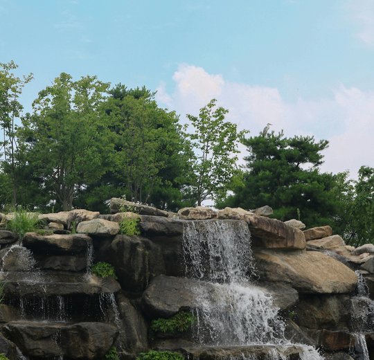 Scenic waterfall underneath trees and blue skies.