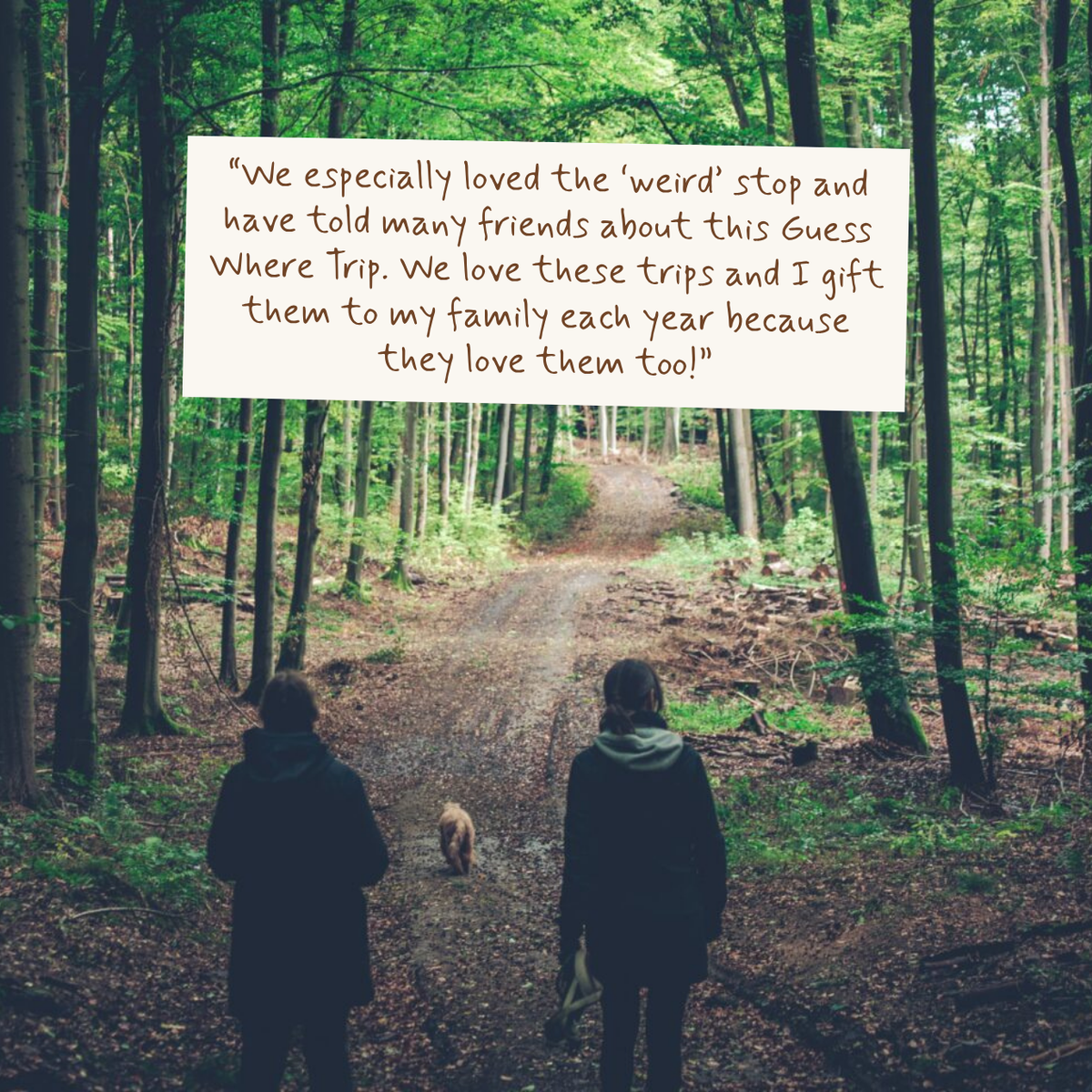 A scenic forest path with two people walking away from the camera and a small dog in the distance, overlaid with a white text box containing a quote about 'Where Trip'.