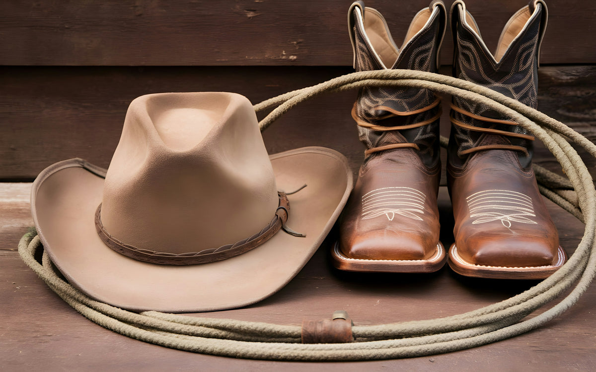 A cowboy hat, boots and a rope.