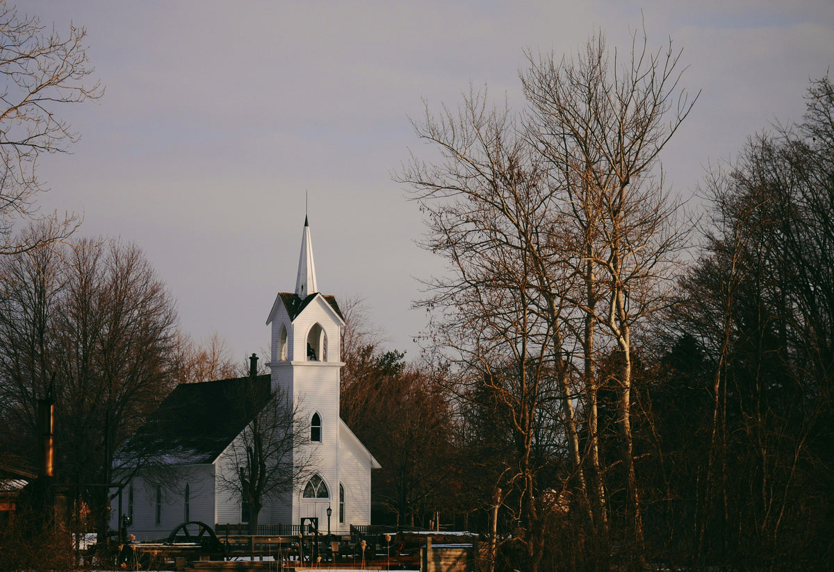 A white church steeple among trees.