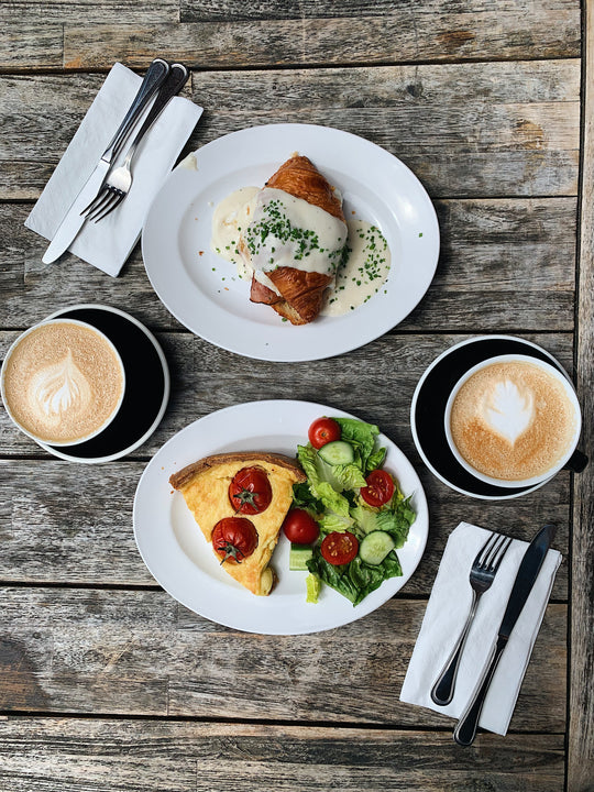 Photo of two breakfasts and lattes, taken from above.