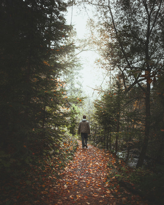 Man with rain jacket walking along a leaves-covered forest trail.