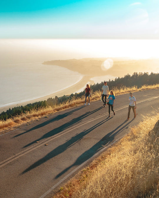 Four people walking along road by the coastline.