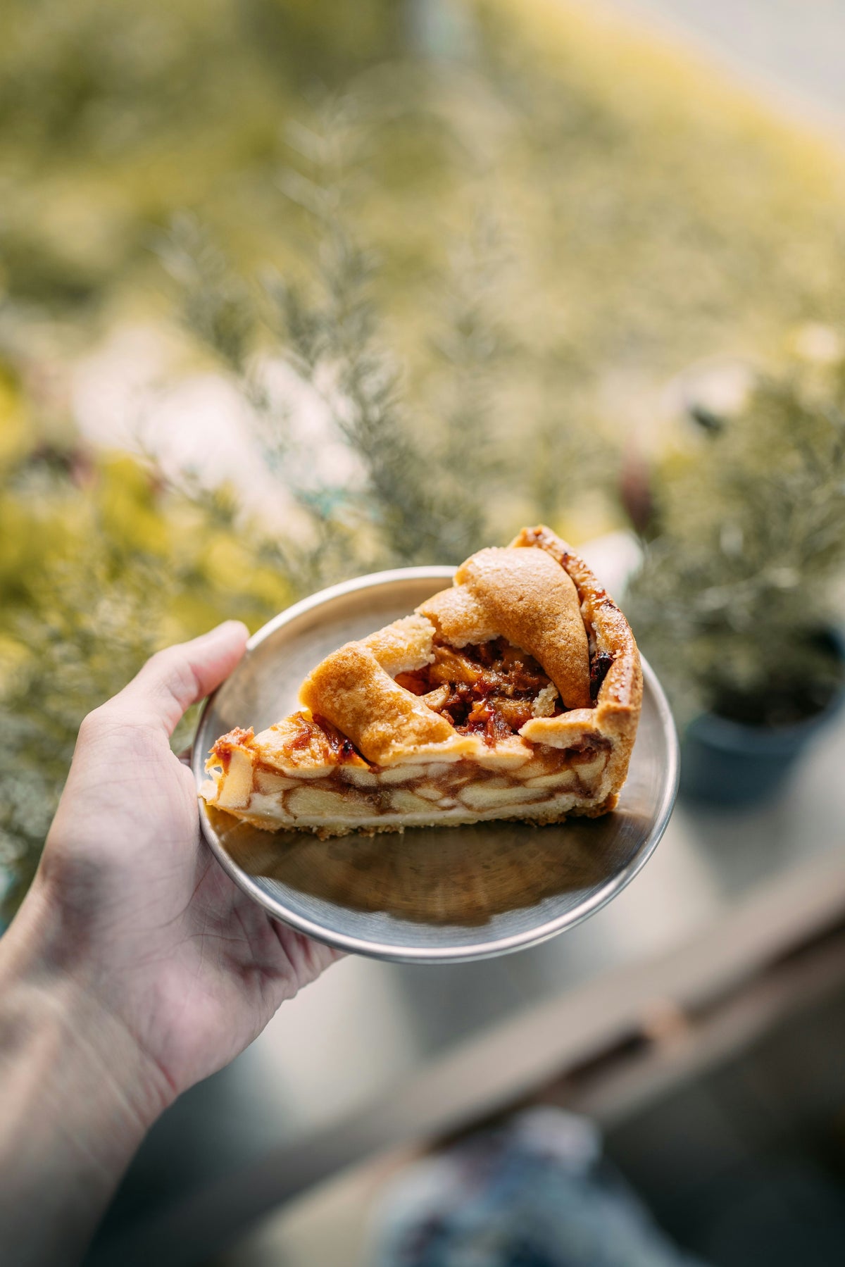 Apple pie on a metal plate.