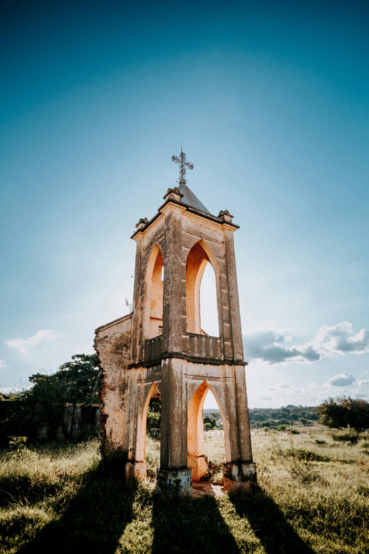 Eerie church ruins in the middle of a field