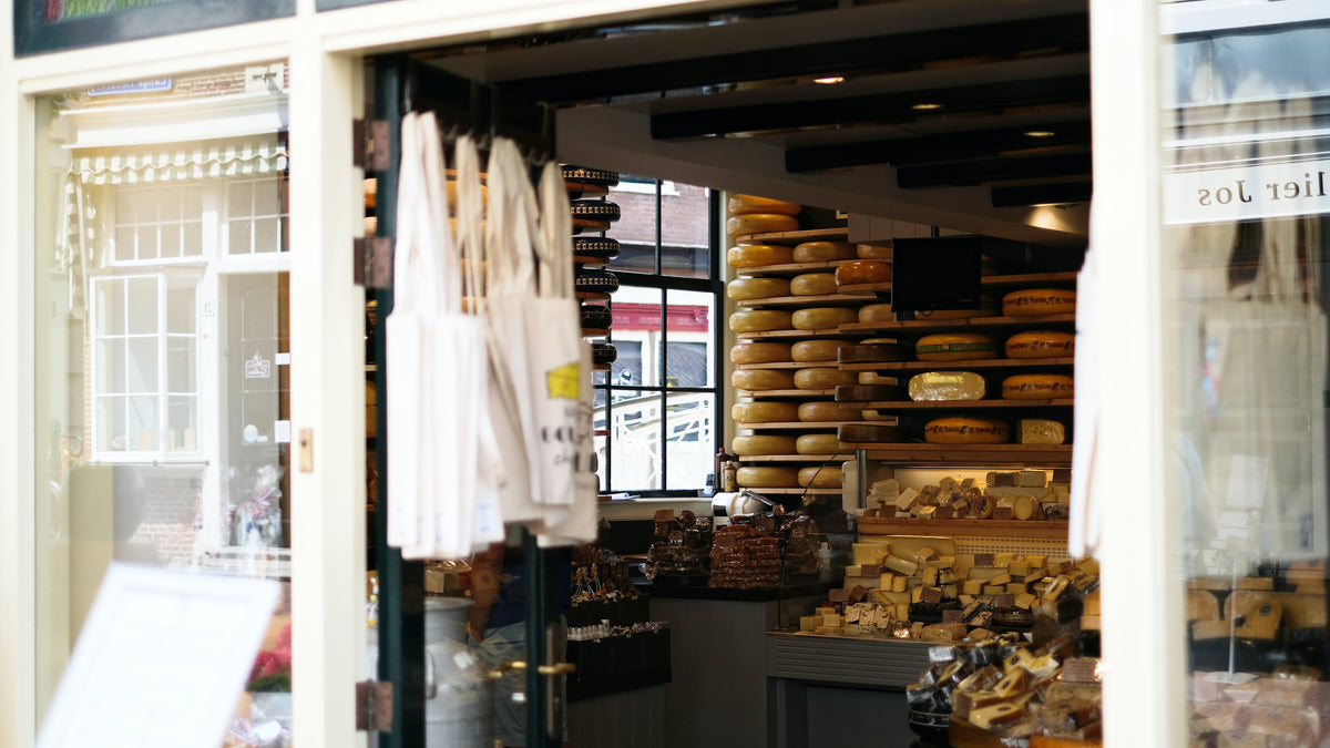 Cheese shop photographed from doorway.