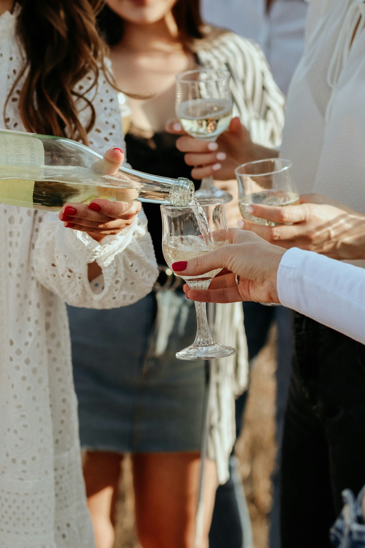 Friends toasting with drinks at a gathering.