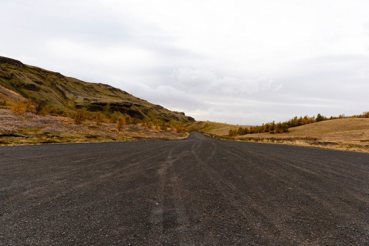 An empty prairie road stretching to the horizon.