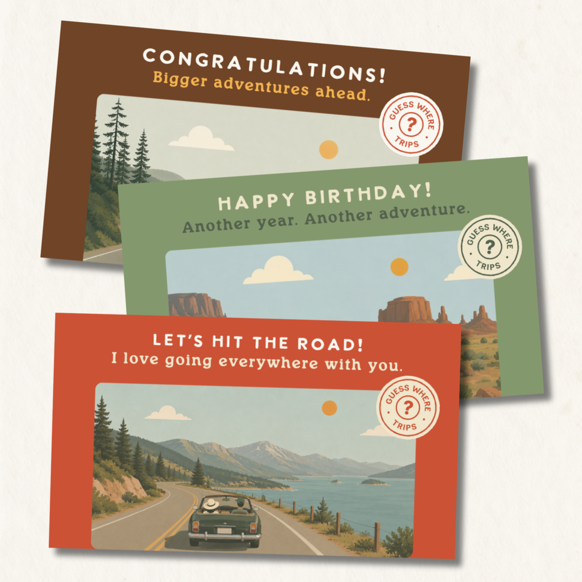 digital road trip gift cards overlapping on a light beige background. The cards feature retro travel illustrations and text including 'Congratulations! Bigger adventures ahead.