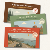 digital road trip gift cards overlapping on a light beige background. The cards feature retro travel illustrations and text including 'Congratulations! Bigger adventures ahead.