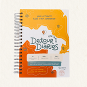 A spiral-bound notebook titled 'Ontario Detour Diaries' with a colorful illustrated cover featuring orange, white, and teal map-style graphics and text about highways and destinations.