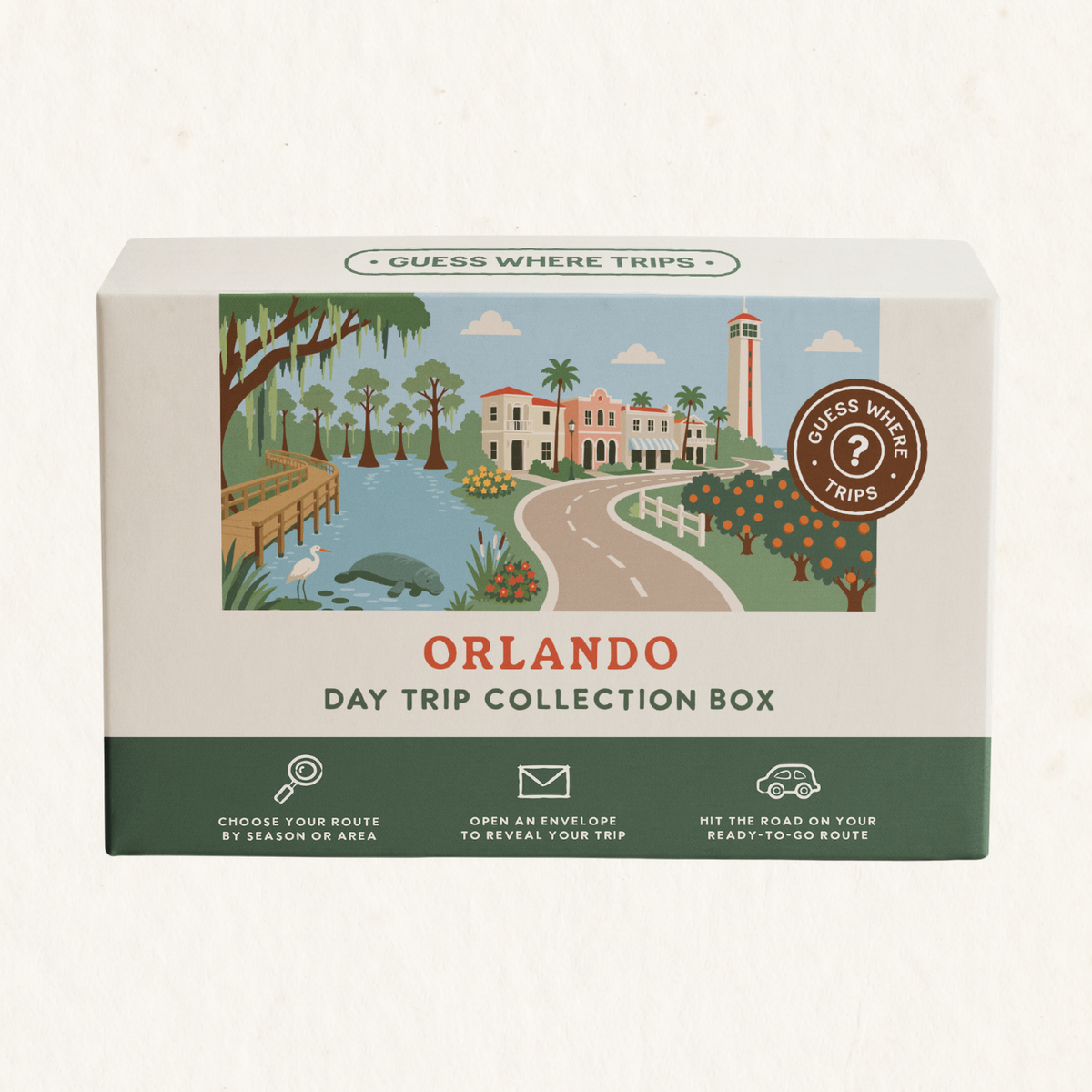 Orlando Day Trip Box by Guess Where Trips, illustrated with palm trees, a manatee and heron in a spring, Spanish-style buildings, a bell tower and an orange grove.