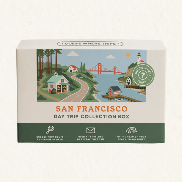 Bay Area Day Trip Box by Guess Where Trips, illustrated with the Golden Gate Bridge, redwoods, a lighthouse and a coastal village.