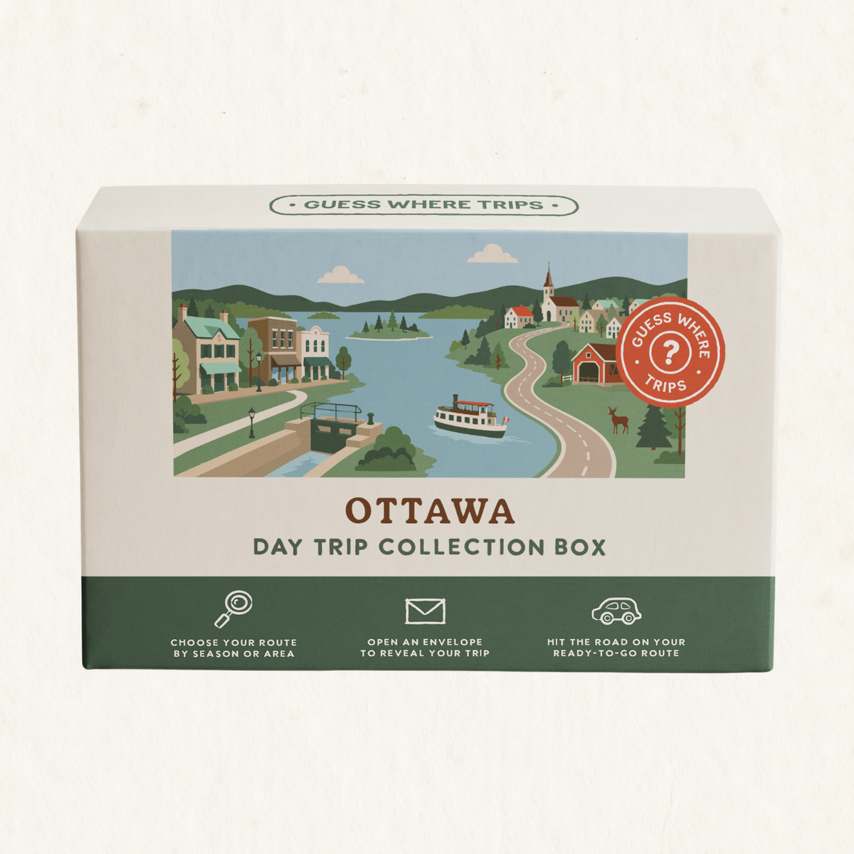 Ottawa Day Trip Box by Guess Where Trips, illustrated with a river and tour boat, canal locks, small-town storefronts, a church steeple and a red barn.