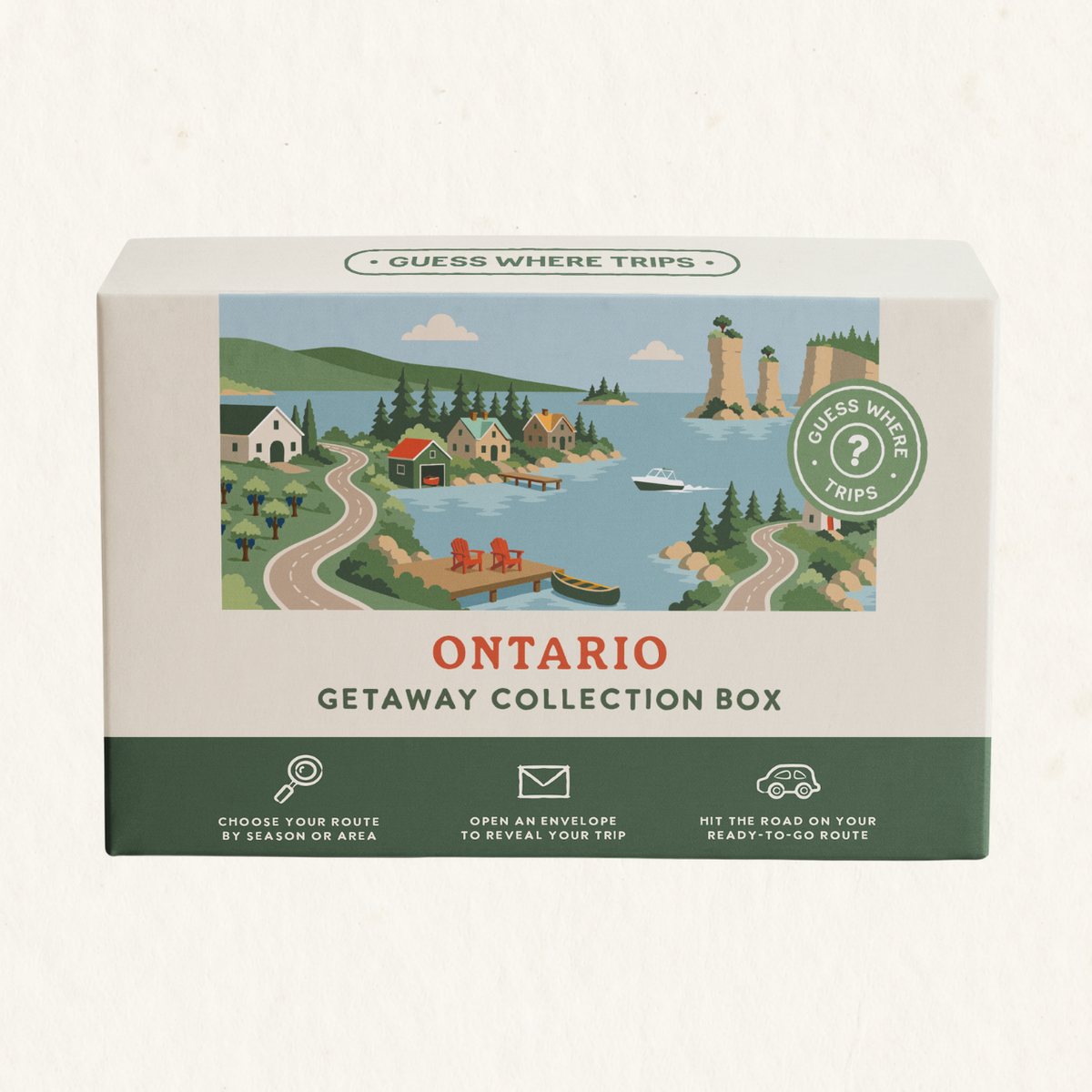 Ontario Getaway Box by Guess Where Trips, illustrated with lakeside cottages, red Muskoka chairs on a dock, rocky island bluffs and a boat.