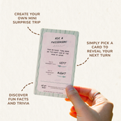 A hand holds a mini card with a travel-themed mystery question, surrounded by promotional text callouts on a warm off-white background.