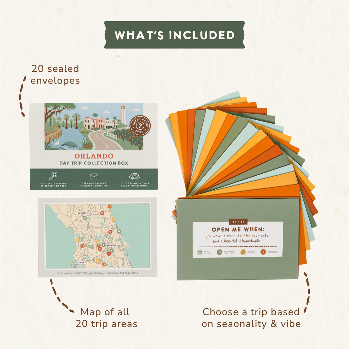 What's included in the Orlando Day Trip Box: 20 sealed trip envelopes and a map of all 20 trip areas.