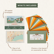 What's included in the Toronto Day Trip Box: 20 sealed trip envelopes and a map of all 20 trip areas.