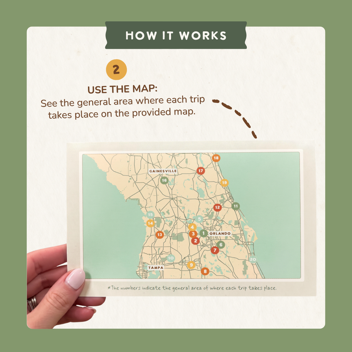 How it works, step 2: use the included Orlando-area map to see the general area of each trip.