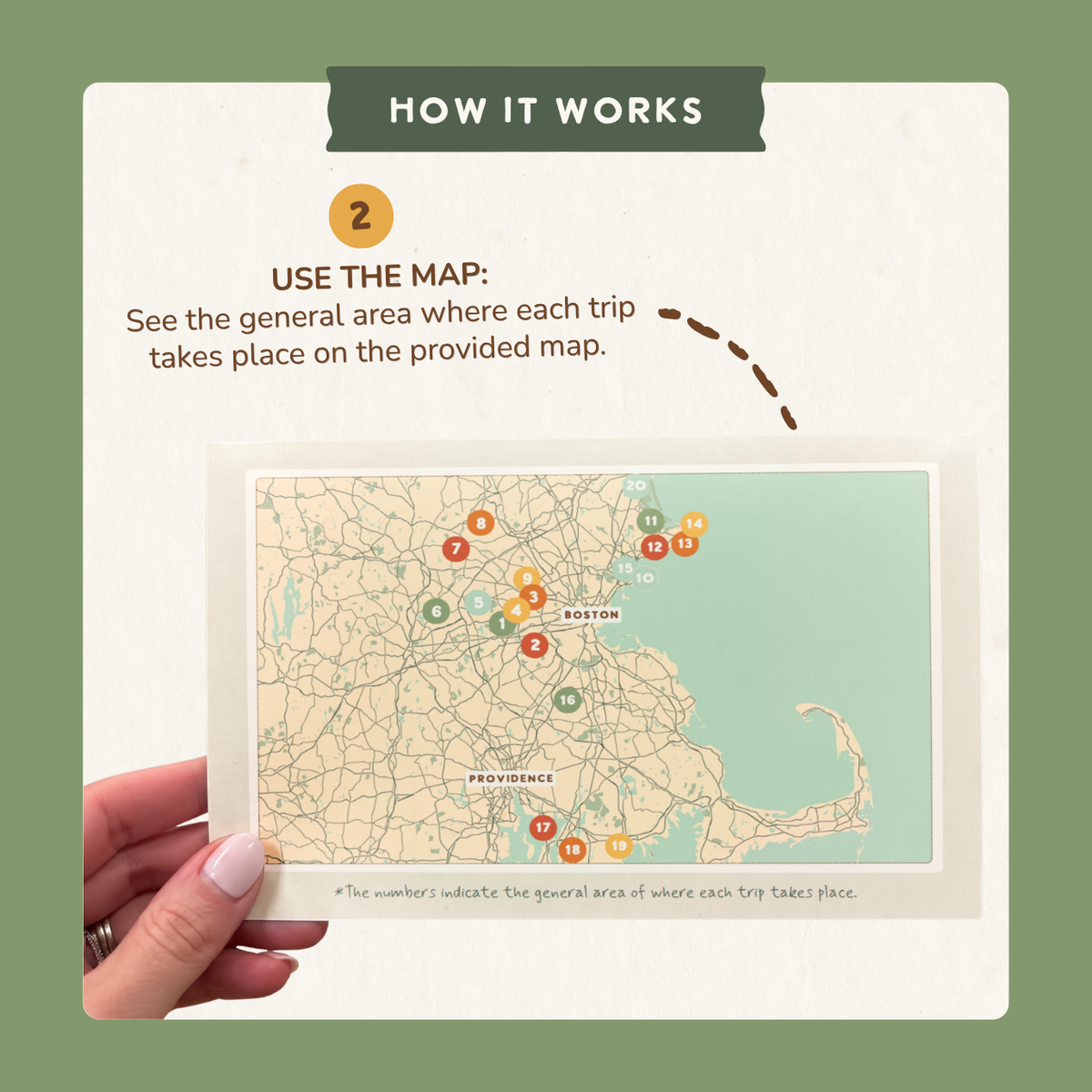 How it works, step 2: use the included Boston-area map to see the general area of each trip.