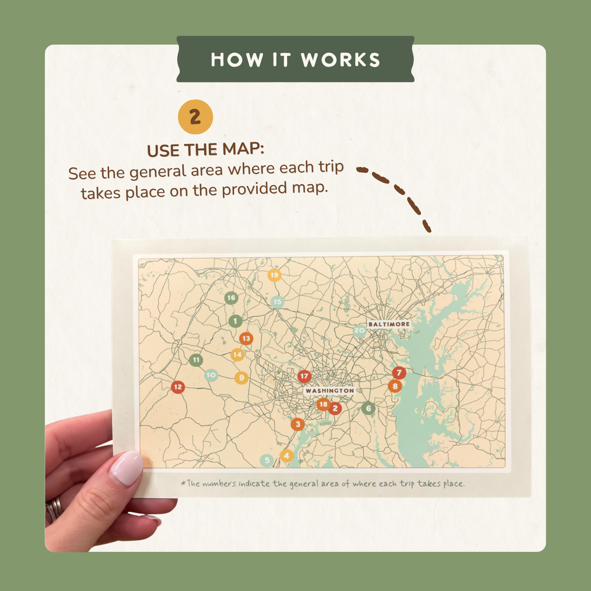 How it works, step 2: use the included Washington DC-area map to see the general area of each trip.