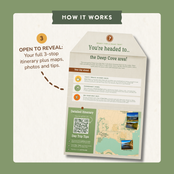 How it works, step 3: open the envelope to reveal a full 3-stop itinerary with maps, photos and tips.