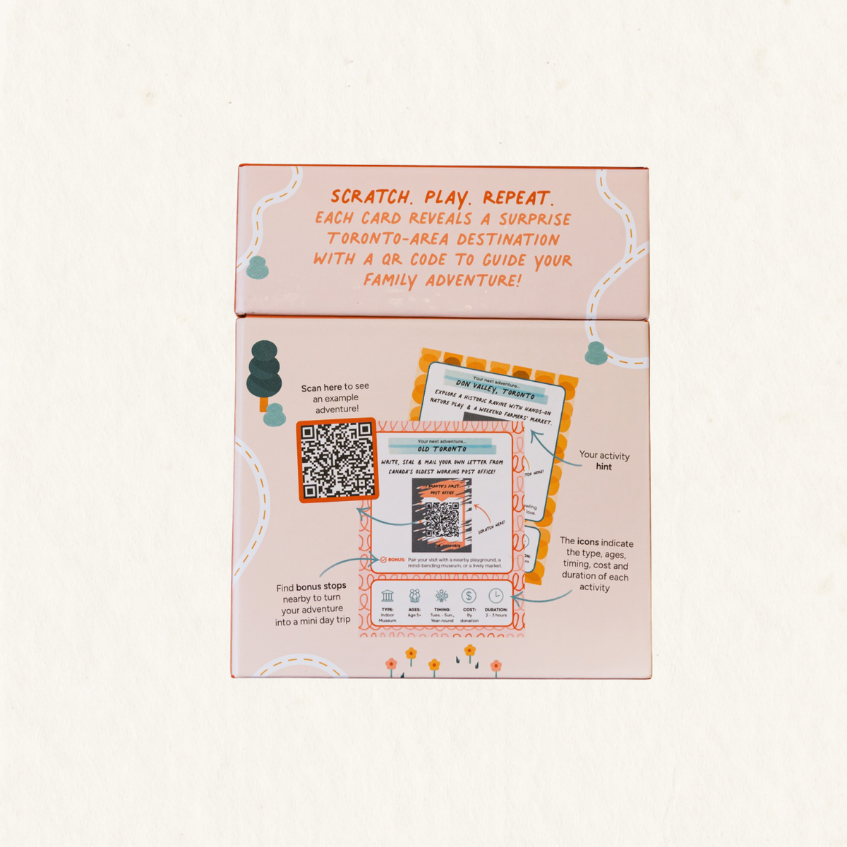 Back of the box: "Scratch. Play. Repeat." Each card reveals a surprise Toronto-area destination with a QR code.
