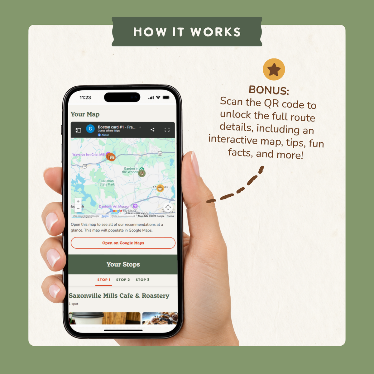 Bonus: scan the QR code to open an interactive trip map on your phone with route details, tips and fun facts.