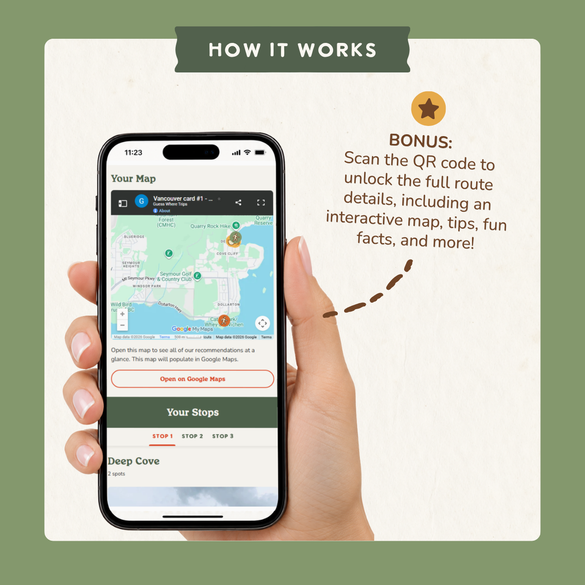 Bonus: scan the QR code to open an interactive trip map on your phone with route details, tips and fun facts.