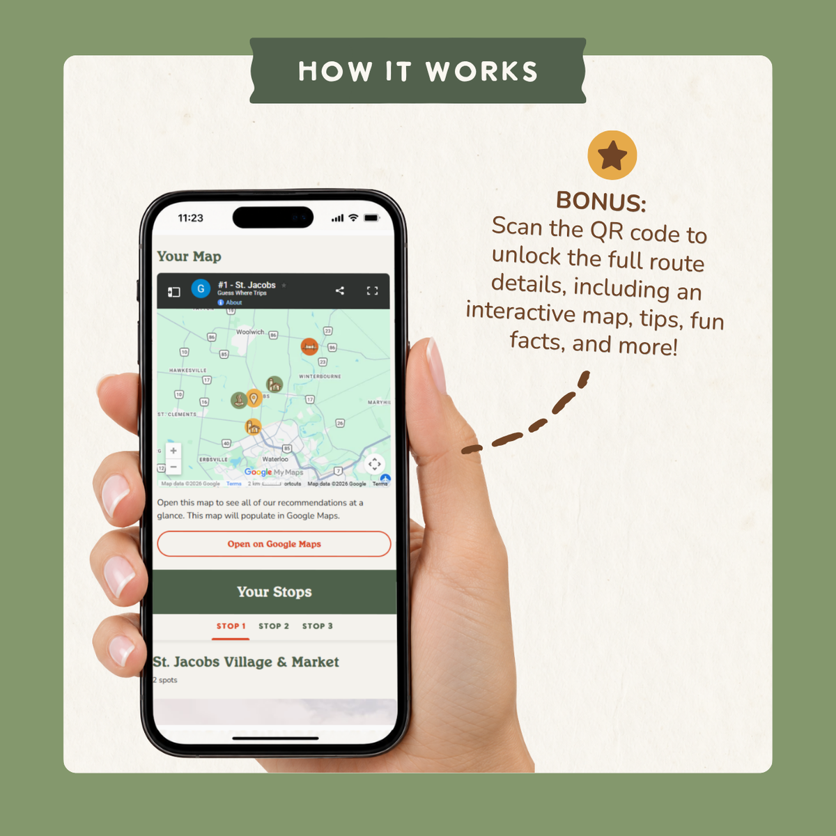 Bonus: scan the QR code to open an interactive trip map on your phone with route details, tips and fun facts.