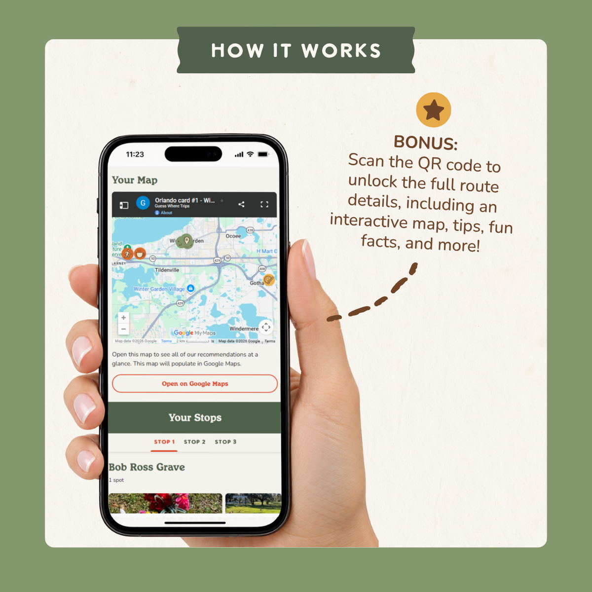Bonus: scan the QR code to open an interactive trip map on your phone with route details, tips and fun facts.