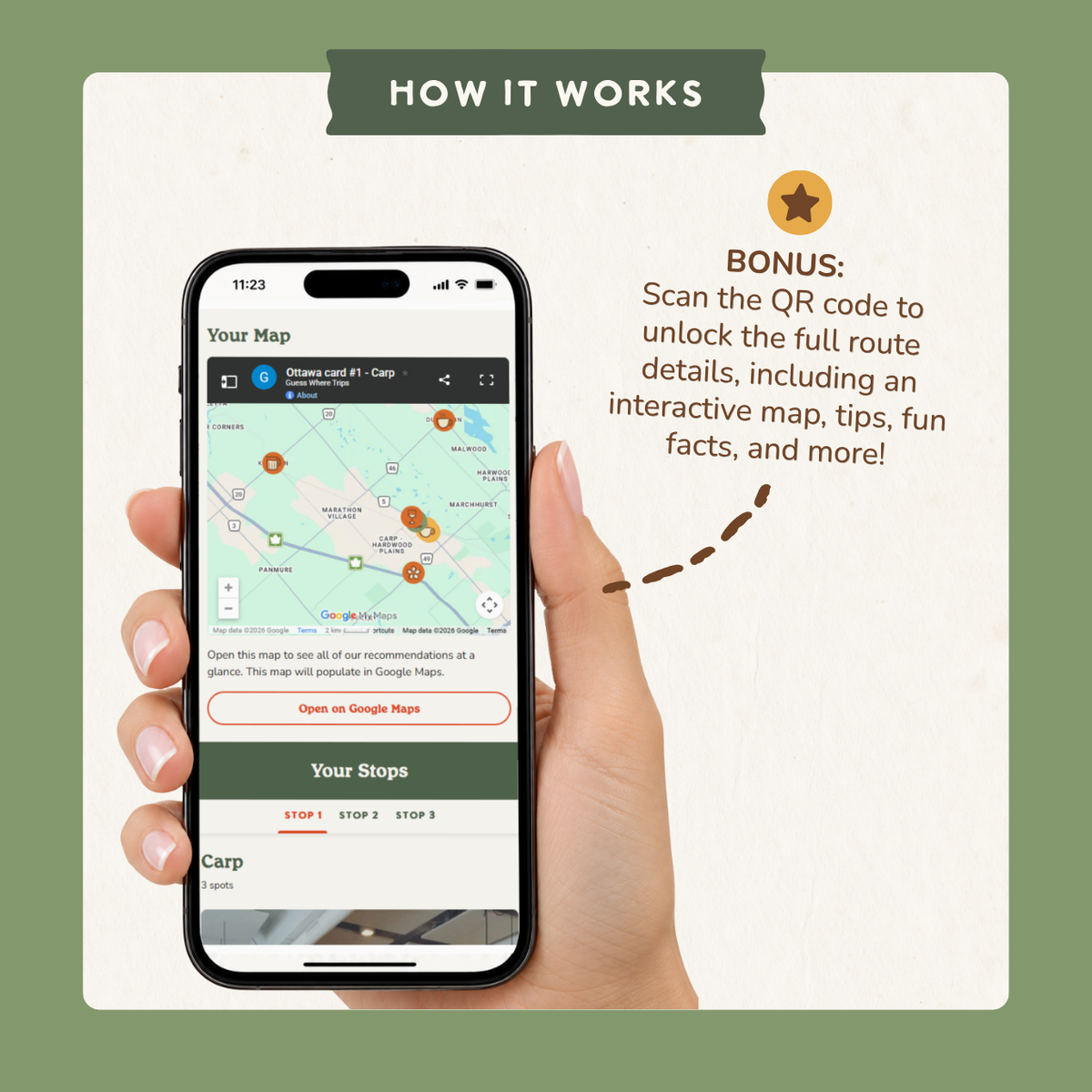 Bonus: scan the QR code to open an interactive trip map on your phone with route details, tips and fun facts.